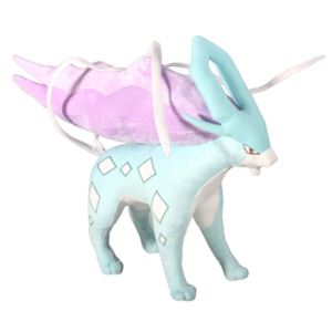 Plüschtier des Pokemon-Charakters Suicune, eine Art Einhorn mit schönen pastellblauen Körperfarben und pastellrosa Flügeln