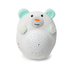 Geräusch-Plüschtier in Form eines weißen Bären mit einem weißen Lautsprecher auf Bauchhöhe