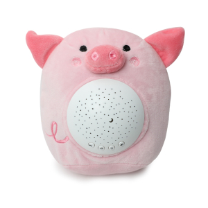 Plüschtier weißes Rauschen in Form eines rosafarbenen Schweins mit einem weißen Lautsprecher an seinem Bauch