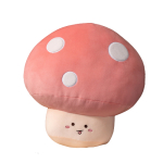 Plüschpuppe in Form eines lächelnden Pilzes in den Farben Rosa und Beige